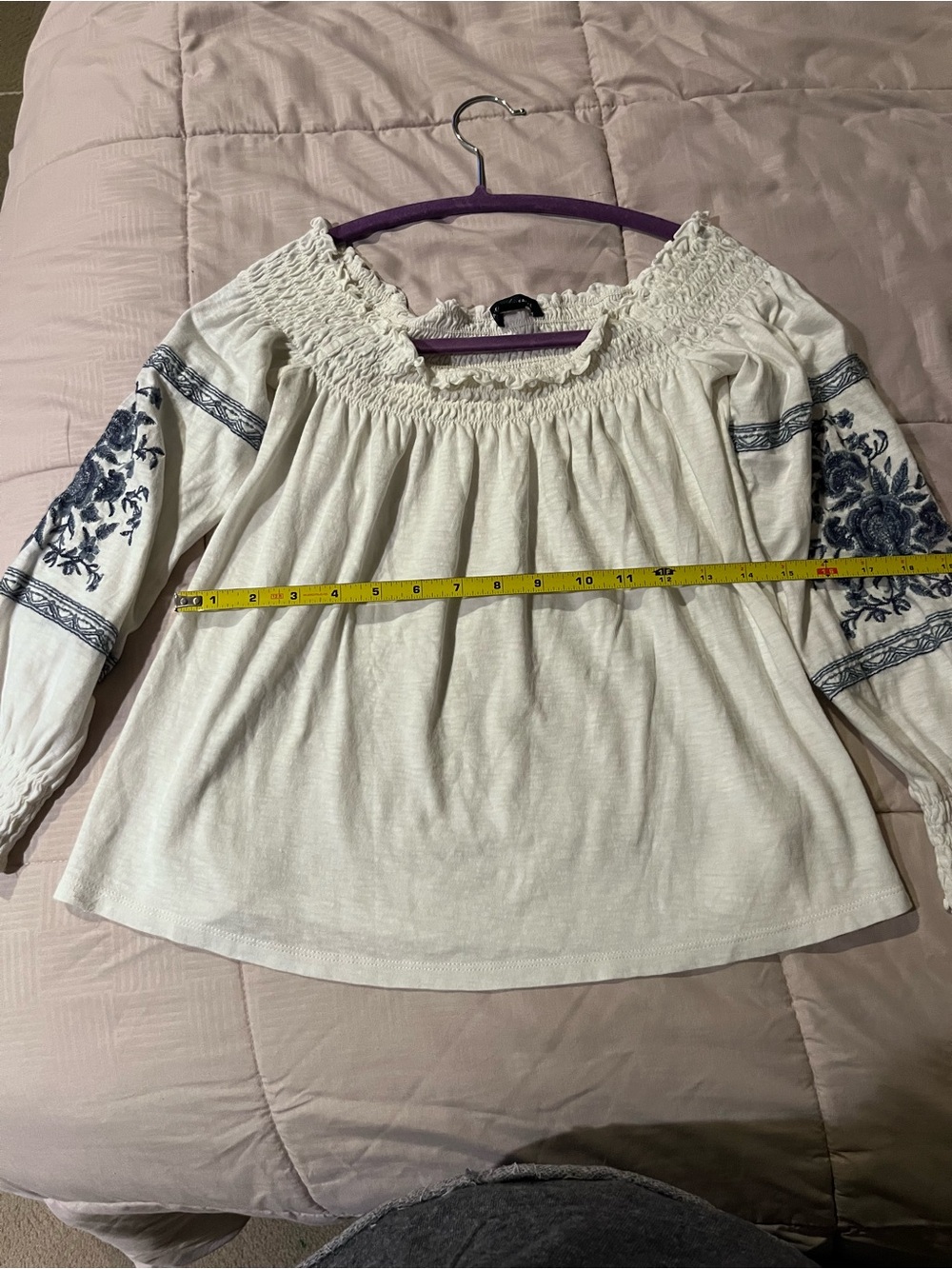 American Eagle Outfitters Cream Off-Shoulder Peasant Top with Blue Embroidery XS